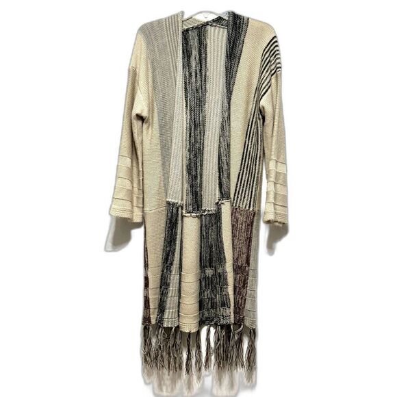 Cardigan Sweater Beige Tan Brown Chunky Knit Long Length Fringe Womens sz Small - Picture 1 of 7